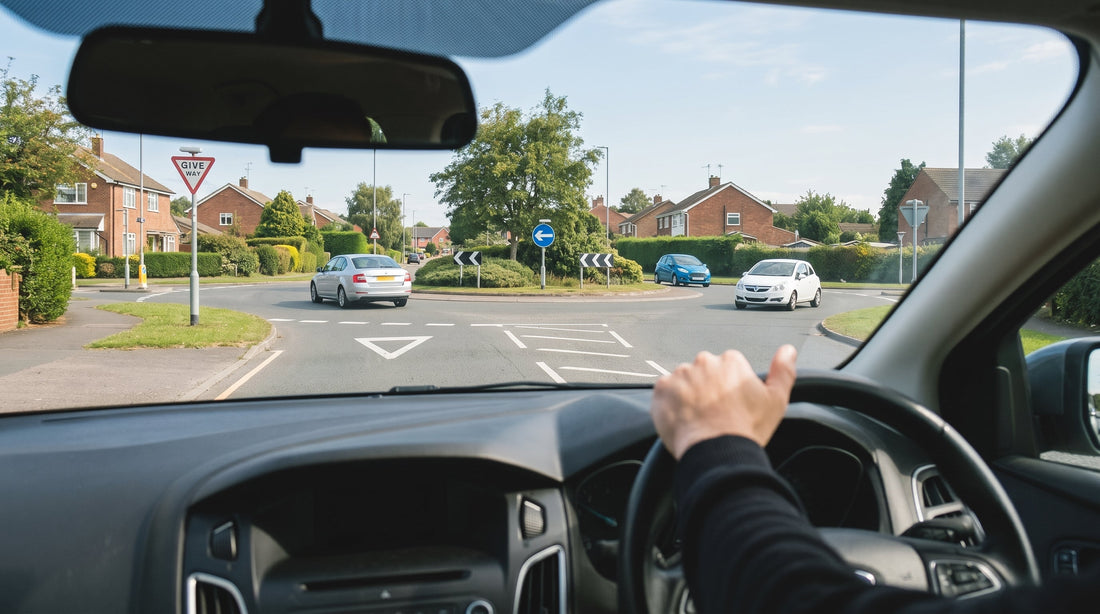 Car approaching a UK roundabout during a driving test