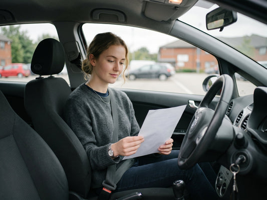 Young woman sitting in a parked car reading her driving test result sheet, expression calm and thoughtful