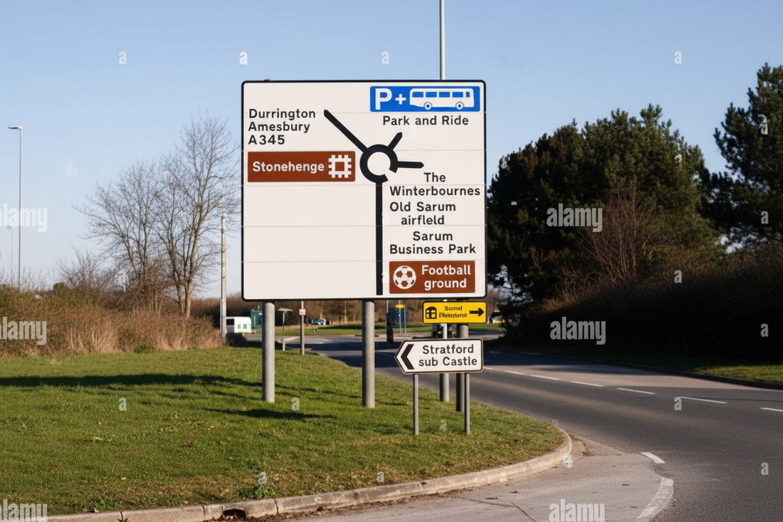 UK road direction sign used during the independent driving section of a driving test